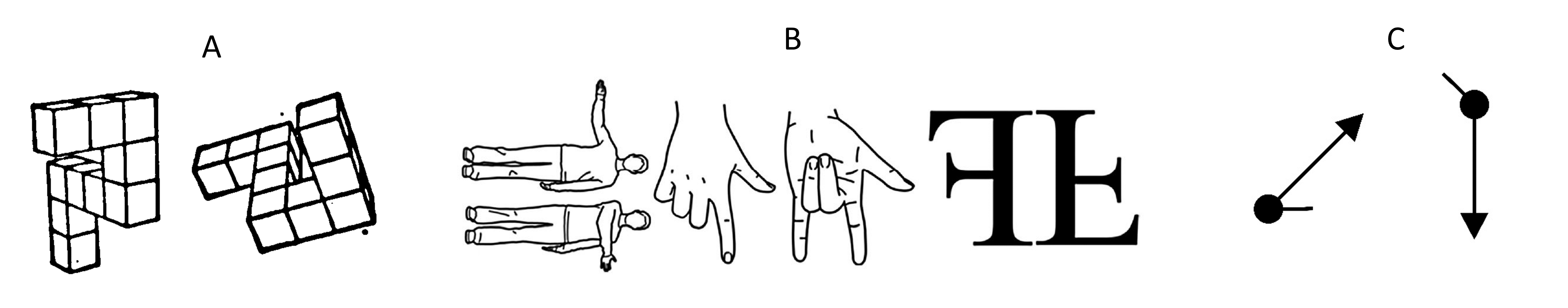 Experimentalparadigmen zum Untersuchen von Mentaler Rotation. (A) Shepard-Metzler Figuren (Shepard & Metzler, 1971) (B) Koerper-, Hand- oder Buchstabenstimuli (Falconer & Mast, 2012) (C) Path Rotation Stimuli aus dem Online Experiment.